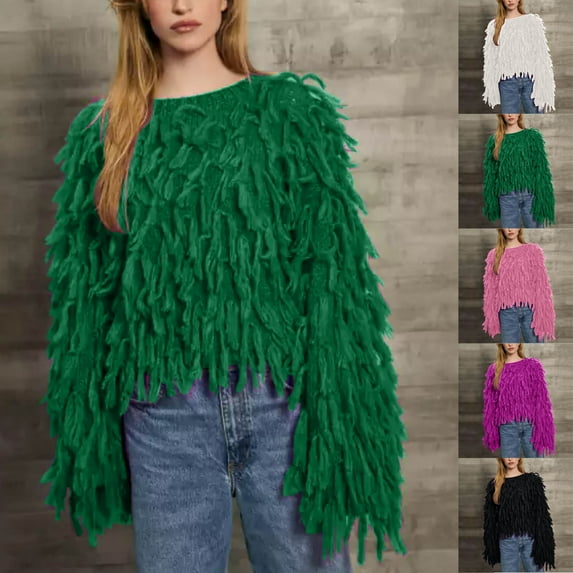 Lovskoo Sweaters for Women Long Sleeve Loose Tassel Trendy Casual Solid Round Neck Pullover Sweater Top Green