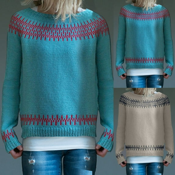 Lovskoo Sweaters for Women Long Sleeve Round Neck Color Matching Loose Trendy Pullover Comfortable Sweater Gray