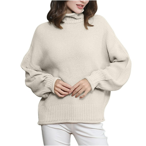 Lovskoo Sweaters for Women Long Sleeve Solid Color Crewneck Mock Neck Pullover Knit Jumper Tops Casual Sweater Khaki