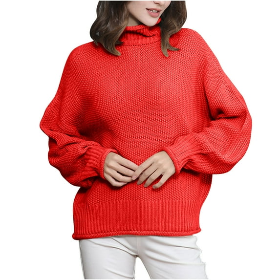 Lovskoo Sweaters for Women Long Sleeve Solid Color Crewneck Mock Neck Pullover Knit Jumper Tops Casual Sweater Orange