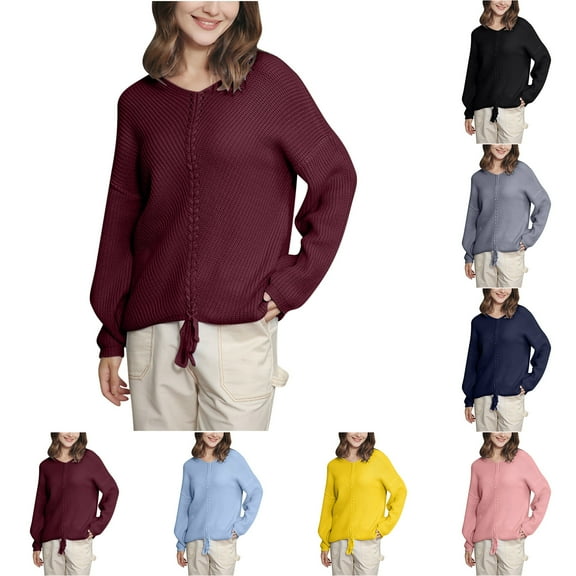 Lovskoo Sweaters for Women Long Sleeve Solid Color Crewneck Pullover Knit Jumper Tops Casual Sweater Claret