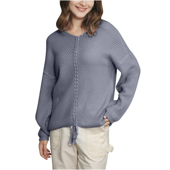 Lovskoo Sweaters for Women Long Sleeve Solid Color Crewneck Pullover Knit Jumper Tops Casual Sweater Gray