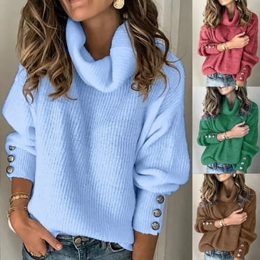 Lovskoo Sweaters for Women Long Sleeve Stitching Turtleneck Top Casual Loose Knitted Sweaters Blouse Red