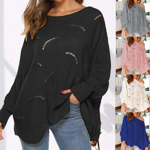 Lovskoo Sweaters for Women Long Sleeve Trendy Dolman Sleeve Loose Hollow Out Irregular Knitted Pullover Sweater Black