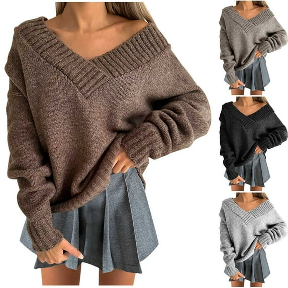 Lovskoo Sweaters for Women Long Sleeve Winter Casual Solid Color V-Neck Knitted Loose Sweater Top Black