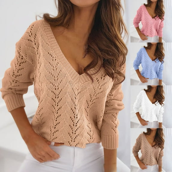 Lovskoo Sweaters for Women Long Sleeve Winter Casual Solid Color V-Neck Knitted Loose Sweater Top Sky Blue