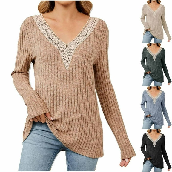Lovskoo Sweaters for Women Long Sleeve Winter Casual Solid V-Neck Knitted Strip Loose Sweater Top Blue