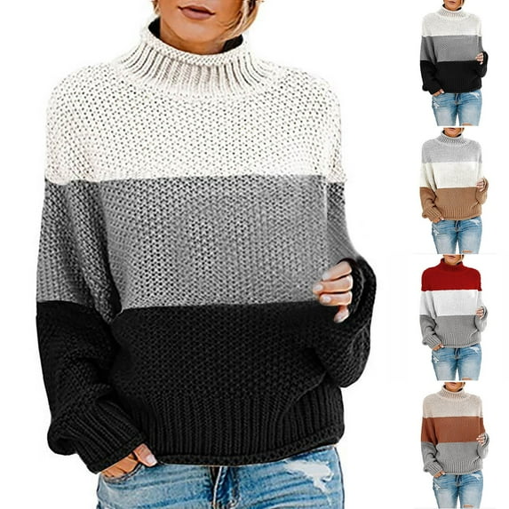 Lovskoo Sweaters for Women Long Sleeve Winter Knit Color Matching Round Neck Loose Casual Sweater Tops Beige
