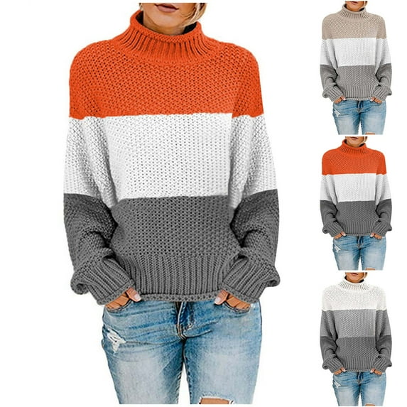 Lovskoo Sweaters for Women Long Sleeve Winter Knit Color Matching Round Neck Loose Casual Sweater Tops Khaki