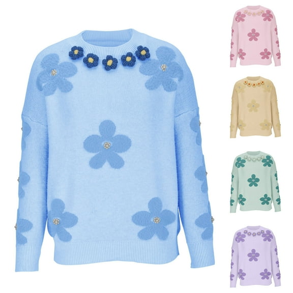 Lovskoo Sweaters for Women Long Sleeve Winter Pullover Soft Waxy Trendy Beaded Flower Design Knit Sweater Green
