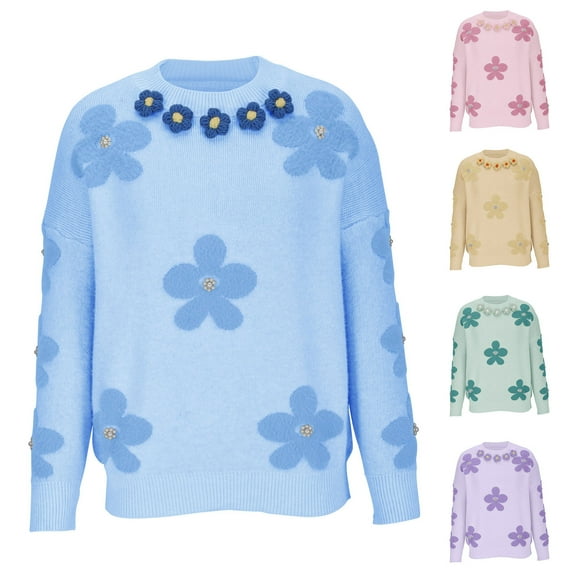 Lovskoo Sweaters for Women Long Sleeve Winter Pullover Soft Waxy Trendy Beaded Flower Design Knit Sweater Yellow