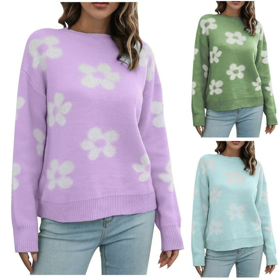 Lovskoo Sweaters for Women Loose Flowers Round-Neck Sweater Winter Long Sleeve Blouse Purple