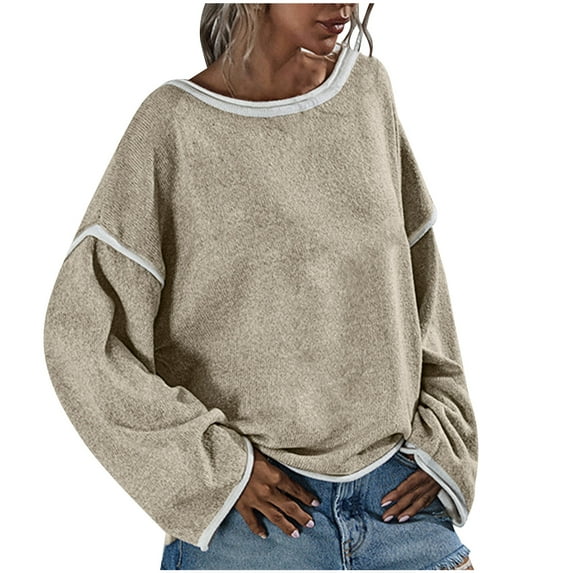 Lovskoo Sweaters for Women Plus Size Trendy Casual Loose Large Size Long Sleeve Knitted Crewneck Sweater Khaki