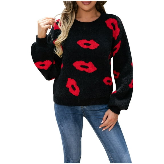 Lovskoo Sweaters for Women Printed Casual Loose Long Sleeve Knitting Turtleneck Sweater Blouse Tops Black
