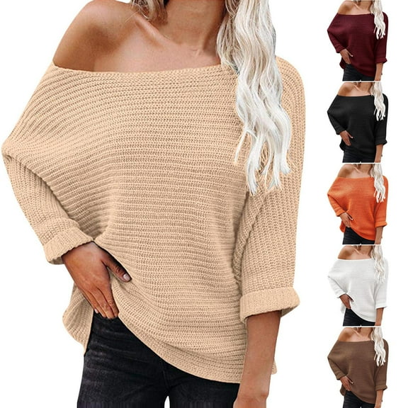 Lovskoo Sweaters for Women Solid Color Casual Loose Off Shoulder Knitwear Pullover Long Sleeve Sweater Tops Blouse Brown