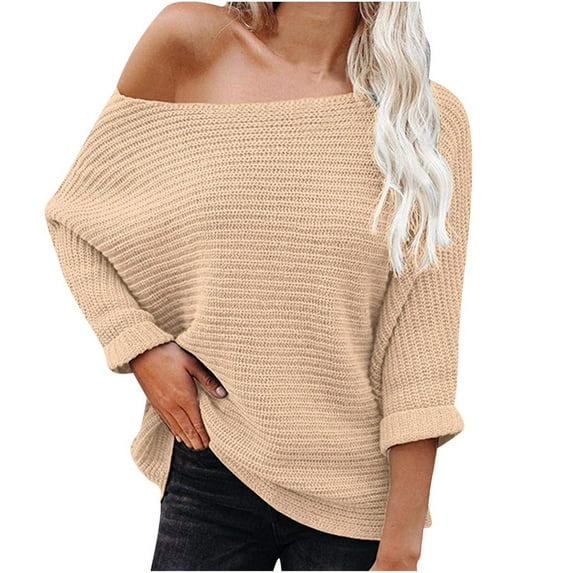 Lovskoo Sweaters for Women Solid Color Casual Loose Off Shoulder Knitwear Pullover Long Sleeve Sweater Tops Blouse Khaki