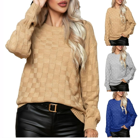 Lovskoo Sweaters for Women Solid Plaid Round Neck Sweater Trendy Casual Pullover Long Sleeve Knit Tops Blue