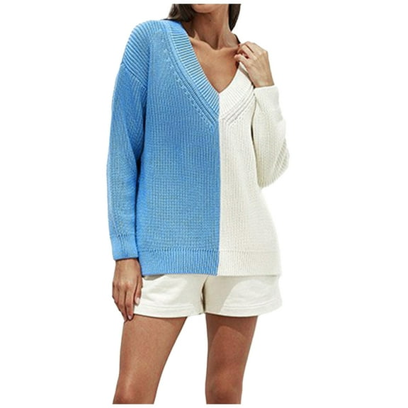 Lovskoo Sweaters for Women Trendy Casual Long Sleeve Casual Color Contrast Patchwork Sweater Blouse Blue
