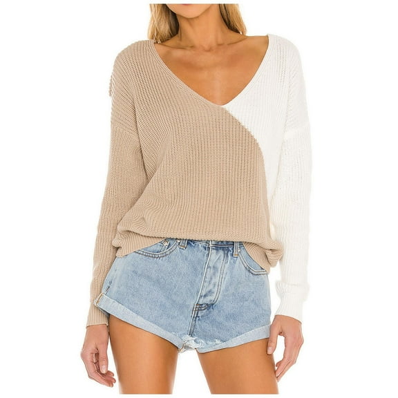 Lovskoo Sweaters for Women Trendy Casual Long Sleeve Casual Color Contrast Patchwork Sweater Blouse Khaki