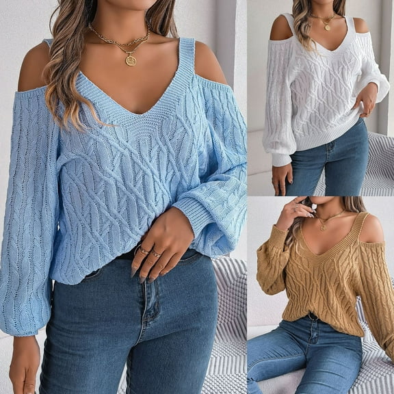 Lovskoo Sweaters for Women Trendy Casual Long Sleeve Off Shoulder V-Neck Keeping Warm Outing Blouse Sweater Blue