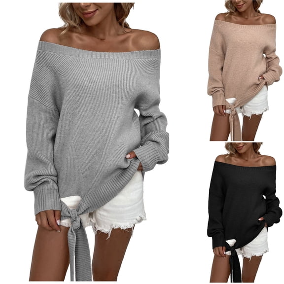 Lovskoo Sweaters for Women Trendy Casual Long Sleeve Pullover Off-The-Shoulder Strappy Sweater Tops Black