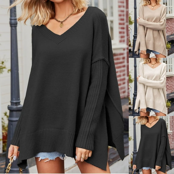 Lovskoo Sweaters for Women Trendy Casual Long Sleeve V-Neck Solid Ladies Warmth Tops Blouse Khaki