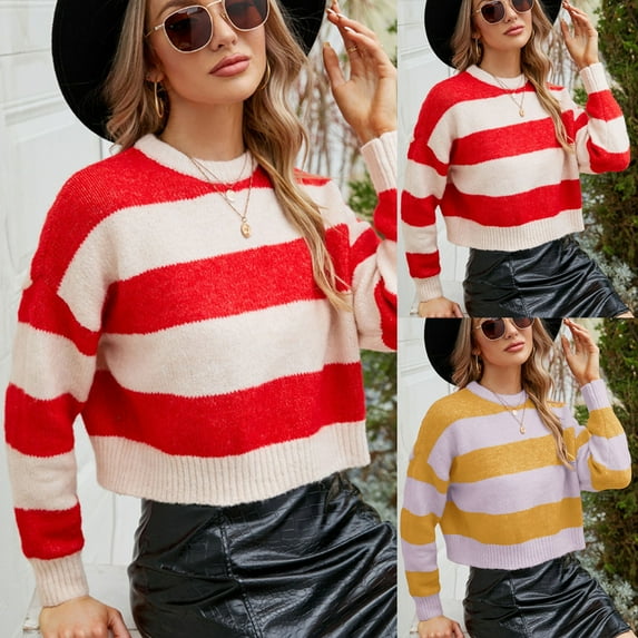 Lovskoo Sweaters for Women Trendy Comfortable Color Block Long Sleeve Round Neck Sweater Top Yellow