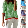 thumbnail image 1 of Lovskoo Sweaters for Women Trendy Fall Casual Long Sleeve Round-Neck Blouses Casual Solid Stripe Tops Blue, 1 of 4