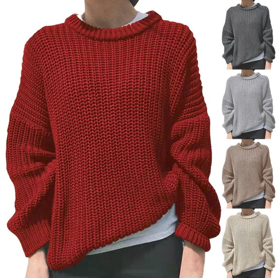 Lovskoo Sweaters for Women Trendy Loose Pullover Solid Color Long Sleeve Sweater Tops Dark Gray