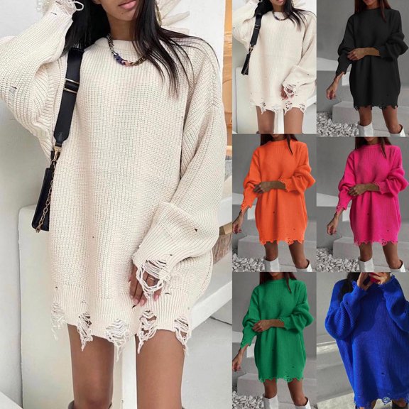 Lovskoo Sweaters for Women Trendy Round Neck Medium Long Knitted Long Sleeve Sweater Top Jacket Hot Pink