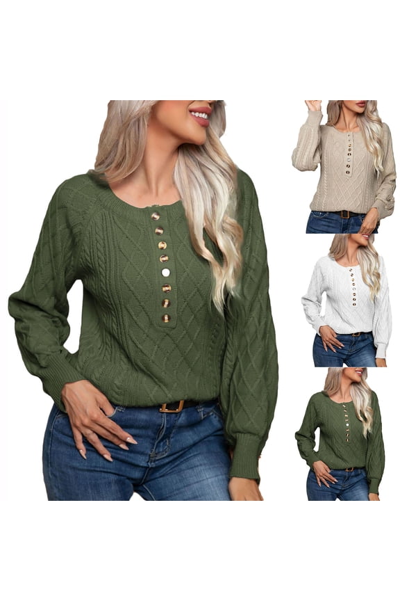 Sweaters for Women Trendy V-Neck Button Long Sleeved Sweater Dough Twists Pullover Sweater Olive Green
