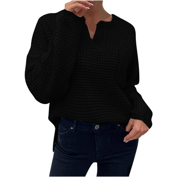Lovskoo Sweaters for Women Trendy V-Neck Long Sleeve Top Solid Pocket Sweater Black