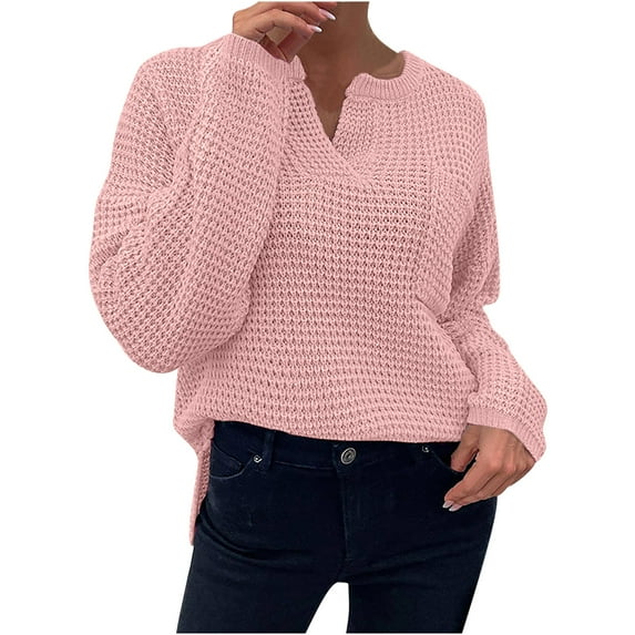 Lovskoo Sweaters for Women Trendy V-Neck Long Sleeve Top Solid Pocket Sweater Pink