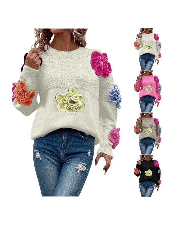 Sweaters for Women Trendy and Personalized Three-Dimensional Flower Pullover Long Sleeved Knitted Sweater Pink