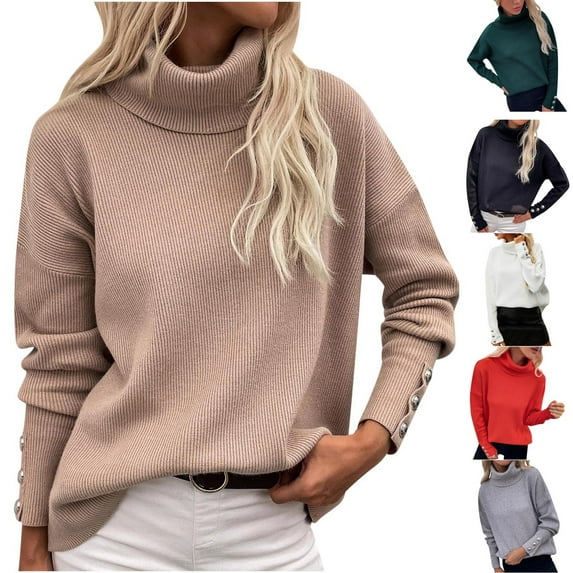 Lovskoo Sweaters for Women Turtleneck Long Sleeve Solid Color Sweater Top Gray