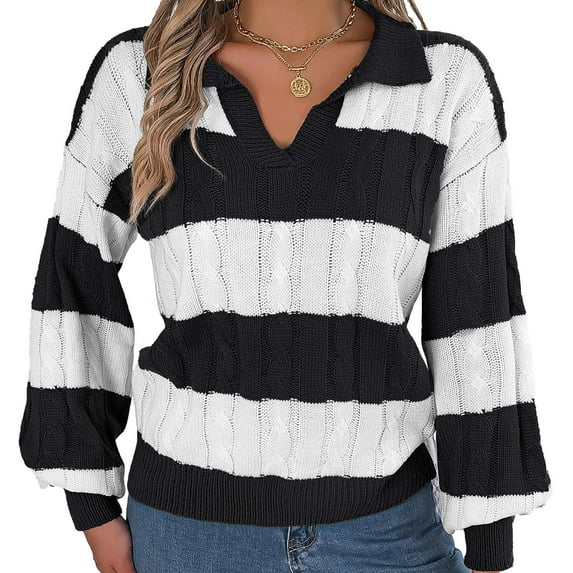 Lovskoo Sweaters for Women V Neck Lapel Collar Contrast Colors Knit Loose and Comfortable Long Sleeve Sweaters Black