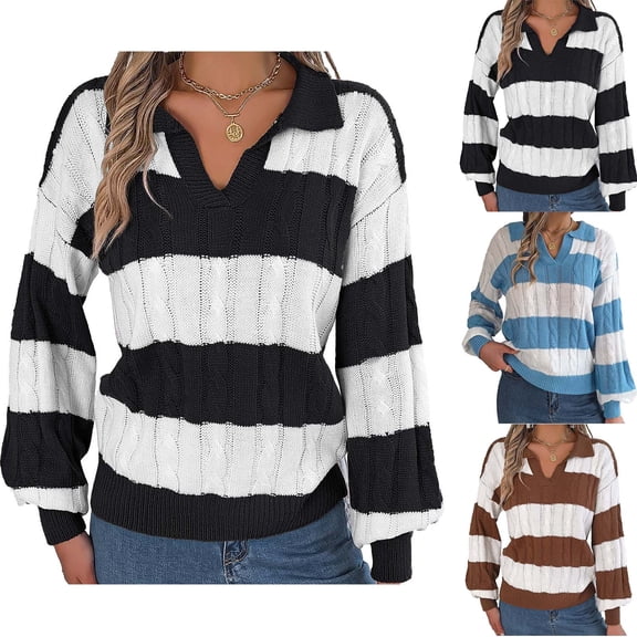 Lovskoo Sweaters for Women V Neck Lapel Collar Contrast Colors Knit Loose and Comfortable Long Sleeve Sweaters Black