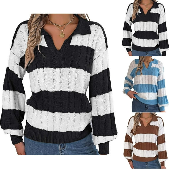 Lovskoo Sweaters for Women V Neck Lapel Collar Contrast Colors Knit Loose and Comfortable Long Sleeve Sweaters Sky Blue