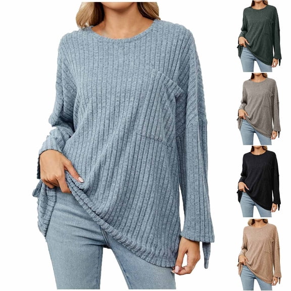 Lovskoo Sweaters for Women Winter Casual Solid Round Neck Long Sleeve Knitted Pits Loose Sweater Tops Khaki