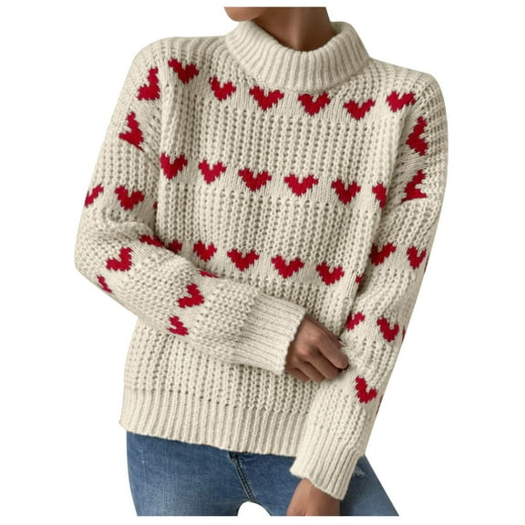 Lovskoo Sweaters for Women Winter Printed Heart Long Sleeve Short Blouse Turtleneck Casual Tops Beige