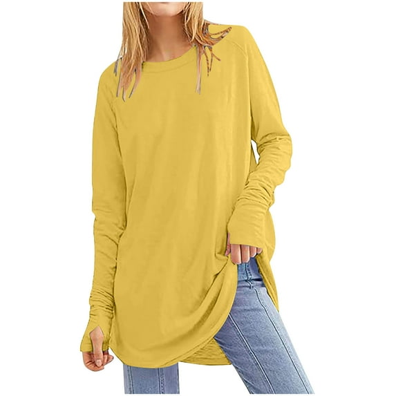 Lovskoo Womens Tops Casual Solid Color Round Neck Long Sleeved Oversize Top Yellow
