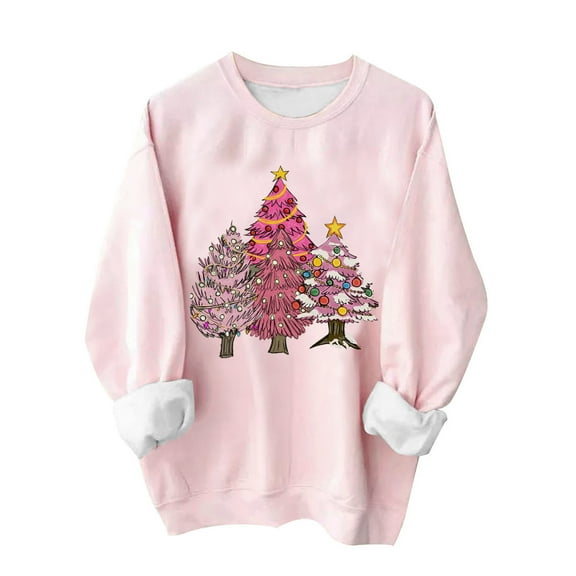 Lovskoo Sweatshirt for Women Christmas Printed Long Sleeves Blouse Round Neck Casual Tunic Tops Pink