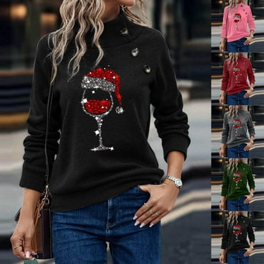 Lovskoo Sweatshirt for Women Round Neck Christmas Printed Solid Color Trendy Top Long Sleeve Top Sweatshirts Green