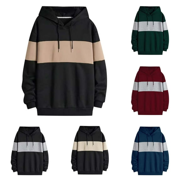 Lovskoo Sweatshirts for Men Fall Winter Fleece Thick Warm Color Matching Long Sleeve Hoodie Pullover Hoodie Sports Shirt Claret