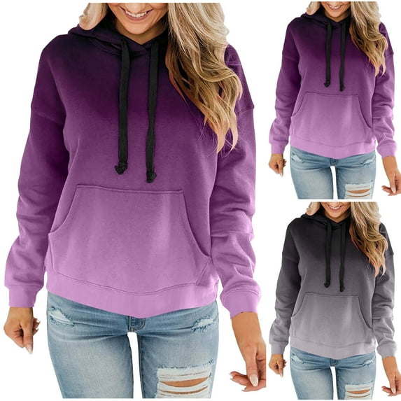 Lovskoo Sweatshirts for Women Fall Winter Fleece Thick Warm Gradient Printed Plush Casual Long Sleeved Hooded Sweater Purple