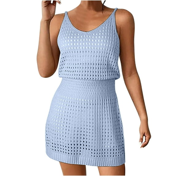 Lovskoo Swimsuit Coverup for Women Sleeveless Summer 2024 Crochet Hollow Out Knit Beach Bathing Suit Swim Cover Ups Outfits Vacation Dresses Blue L