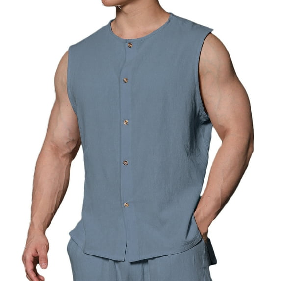 Lovskoo Tank Top for Men Cotton and Linen Round Neck Sleeveless Casual Trendy Solid Color Tops Button Up Cardigan Tank Tops Vacation Beach Summer Tops Light Blue