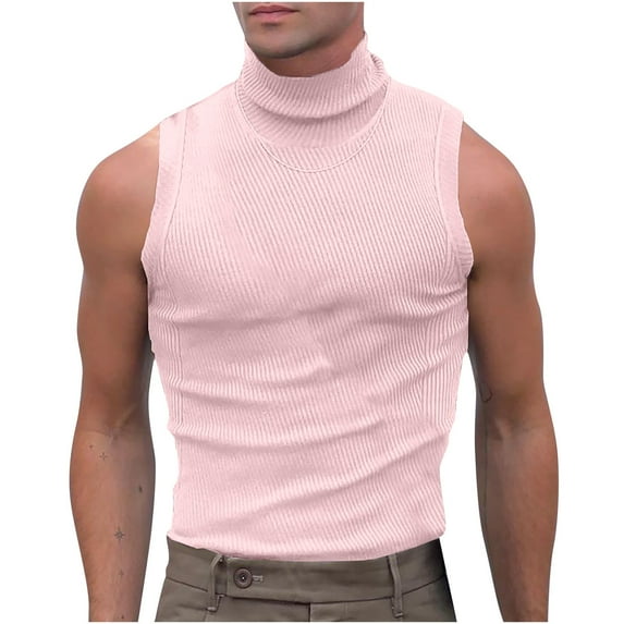 Lovskoo Tank Top for Men High Neck Sleeveless Solid Color Trendy Leisure Fitness Sports Knitted Slim Tank Tops Vacation Beach Summer Tops Pink