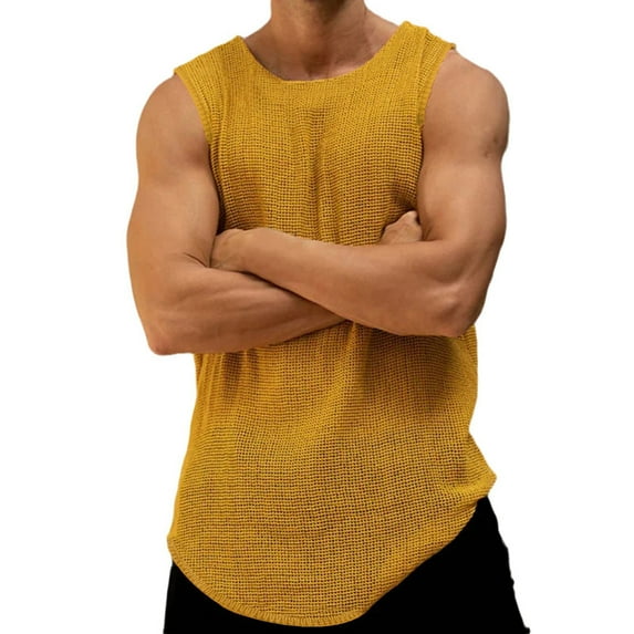Lovskoo Tank Top for Men Round Neck Sleeveless Solid Color Knitted Loose Casual Beach Breathable with Tank Top Vacation Beach Summer Tops Yellow