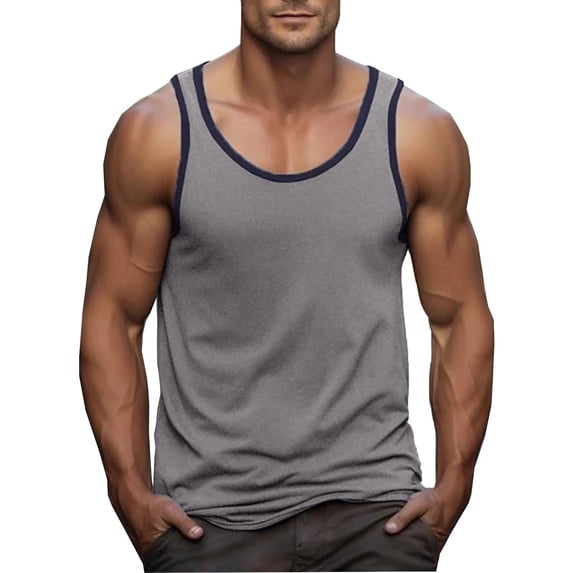 Lovskoo Tank Top for Men Round Neck Sleeveless Trendy Casual Summer Solid Color Camisole Sport Tank Top Vacation Beach Summer Tops Gray